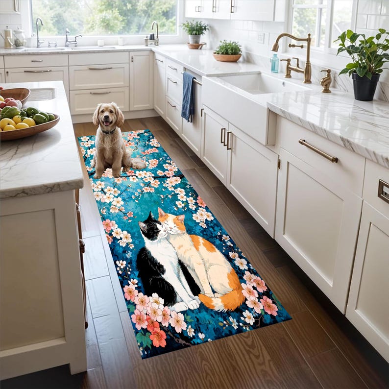 Two Cat Cherry Blossom Runner Rug: Teal Floral Hallway Carpet, Machine-Washable Non-Slip