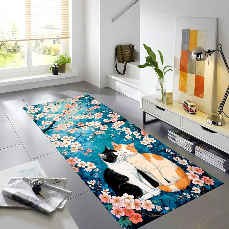 Two Cat Cherry Blossom Runner Rug: Teal Floral Hallway Carpet, Machine-Washable Non-Slip
