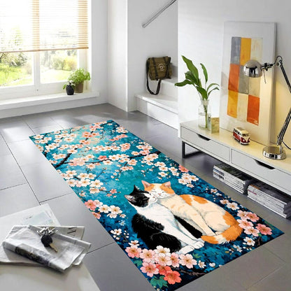 Two Cat Cherry Blossom Runner Rug: Teal Floral Hallway Carpet, Machine-Washable Non-Slip