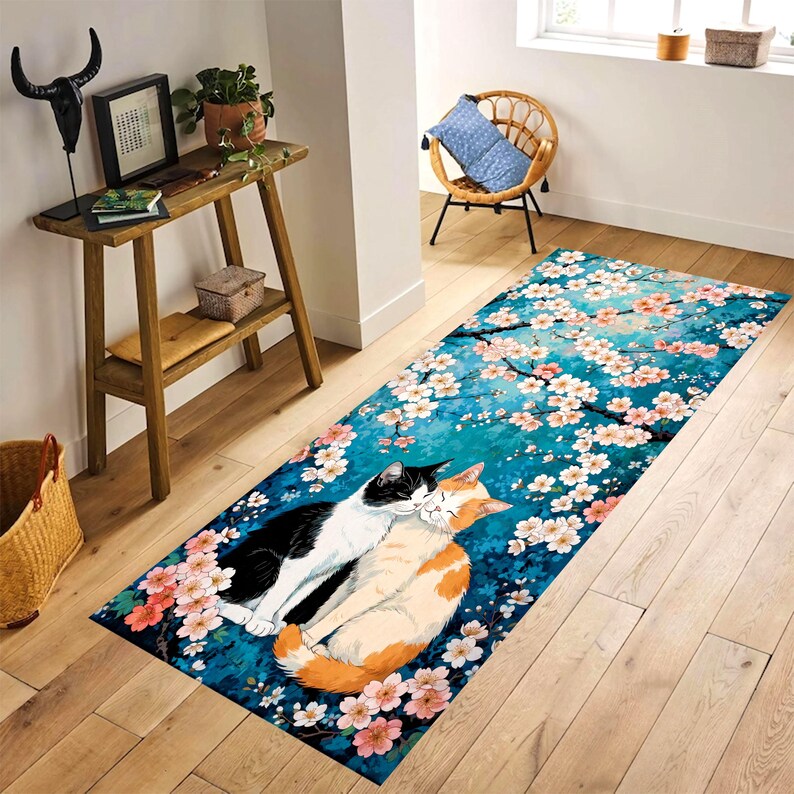 Two Cat Cherry Blossom Runner Rug: Teal Floral Hallway Carpet, Machine-Washable Non-Slip