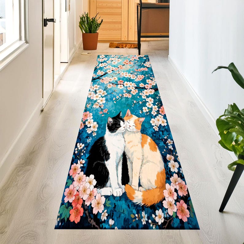 Two Cat Cherry Blossom Runner Rug: Teal Floral Hallway Carpet, Machine-Washable Non-Slip