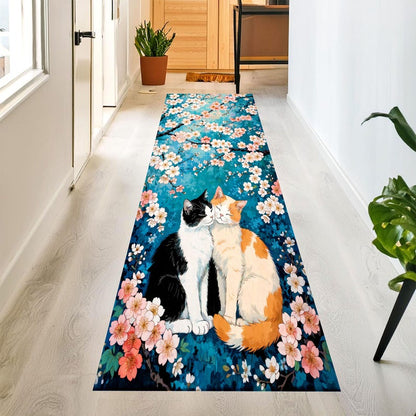 Two Cat Cherry Blossom Runner Rug: Teal Floral Hallway Carpet, Machine-Washable Non-Slip