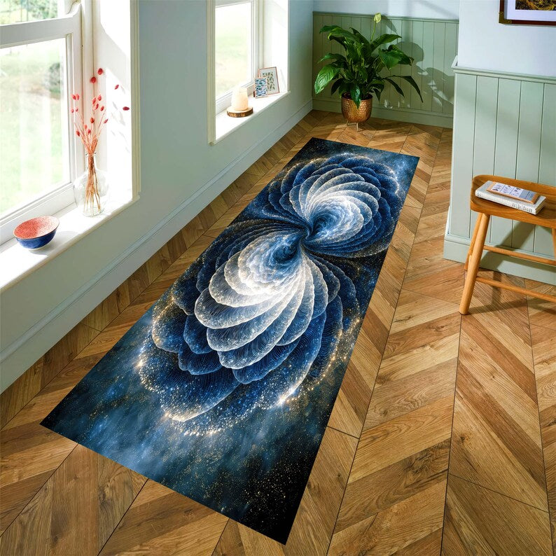 Blue Galaxy Runner Rug: Abstract Spiral Carpet, Machine-Washable Non-Slip