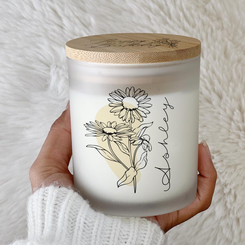 Personalized Birth Flower Candle, Printed Glass, Custom Name Gift for Her, Mom, Sister, Daughter