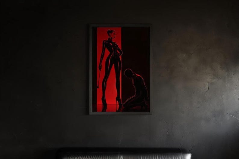 BDSM Femdom Art Print, Red & Black Latex Art, Kinky Fetish Art Wall Decor, Dominatrix Shipped, Bondage Art, Dominant Woman Illustration