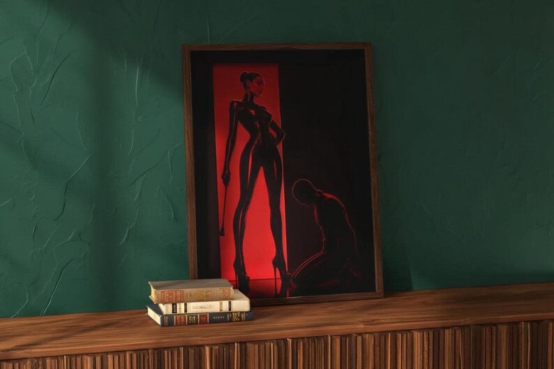 BDSM Femdom Art Print, Red & Black Latex Art, Kinky Fetish Art Wall Decor, Dominatrix Shipped, Bondage Art, Dominant Woman Illustration