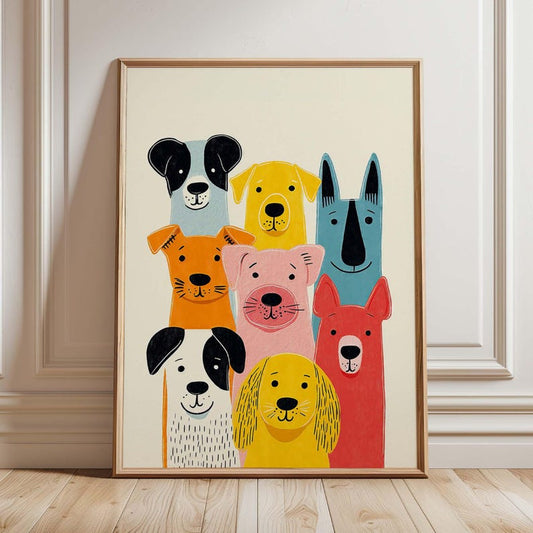 Colorful Dog Stack Print, Whimsical Puppy Artwork, Nursery Playroom Decor