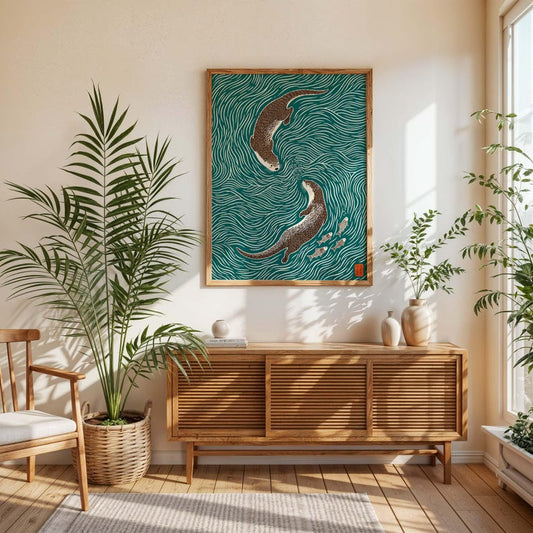 Otter Wall Art, Japanese Woodblock Style Print, Teal Ocean Wildlife Poster