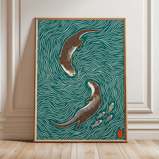 Otter Wall Art, Japanese Woodblock Style Print, Teal Ocean Wildlife Poster