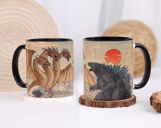 Vintage Godzilla vs King Ghidora Mug, Retro Kaiju mug - Japanese Monster Movie Print, Godzilla Movie Decor, Sci-Fi Film Mug
