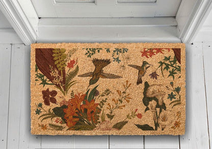 Hummingbird Welcome Mat: Floral Coir Door Rug (Custom Sizes Available)