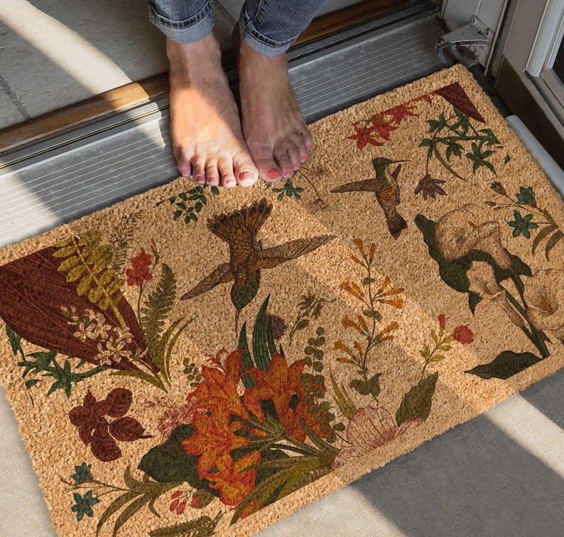 Hummingbird Welcome Mat: Floral Coir Door Rug (Custom Sizes Available)
