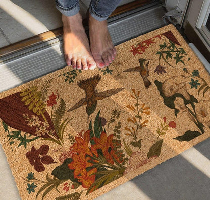 Hummingbird Welcome Mat: Floral Coir Door Rug (Custom Sizes Available)