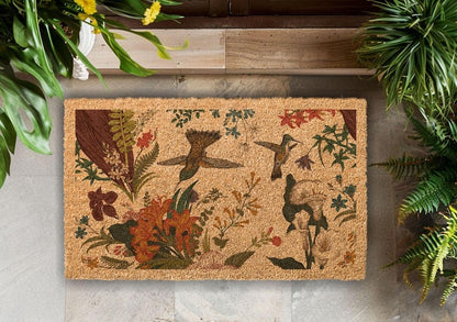 Hummingbird Welcome Mat: Floral Coir Door Rug (Custom Sizes Available)