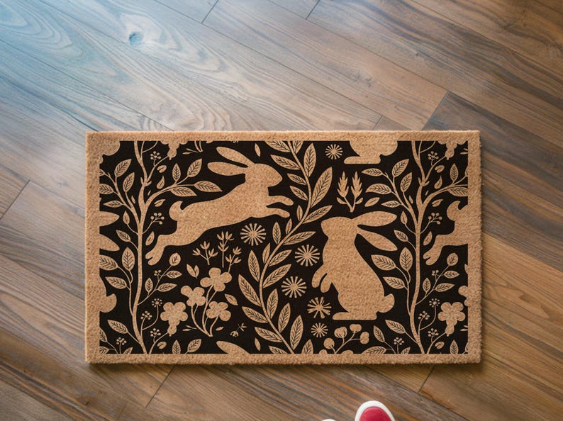 Woodland Bunny Doormat: Nature-Inspired Floral Mat