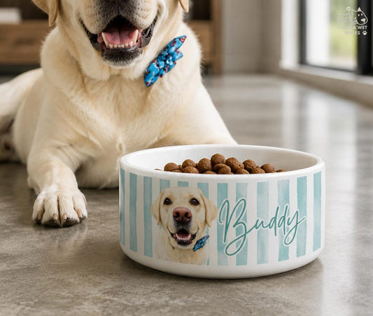 Custom Pet Striped Bowl With Pet Name Photo, Personalized Ceramic Dog Food Water Bowl, Cat Bowl With Name, Custom Portrait Feeding Dish