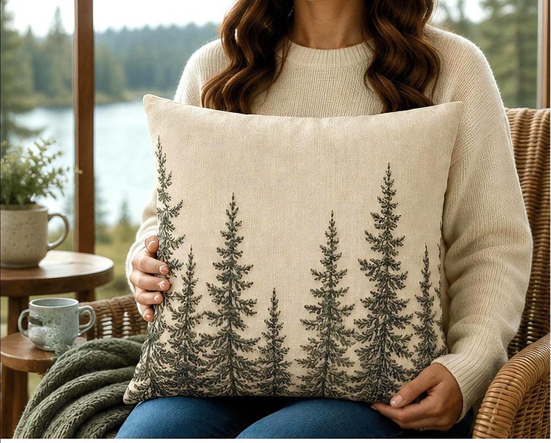 Pine Tree Pillow Cover, Rustic Cabin Chic Throw Pillowcase, Woodland Forest Lodge Home Decor, Cabincore Cushion Case Cozy Lake House Gift