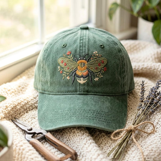 Washed Cotton Baseball Cap with Embroidered Bee and Flowers – Adjustable Strap