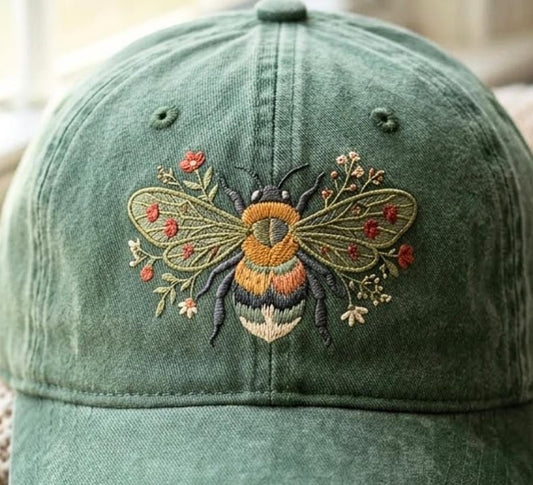 Washed Cotton Baseball Cap with Embroidered Bee and Flowers – Adjustable Strap