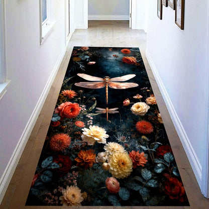 Dragonfly Floral Runner Rug: Moody Dark Botanical Carpet, Non-Slip Machine-Washable