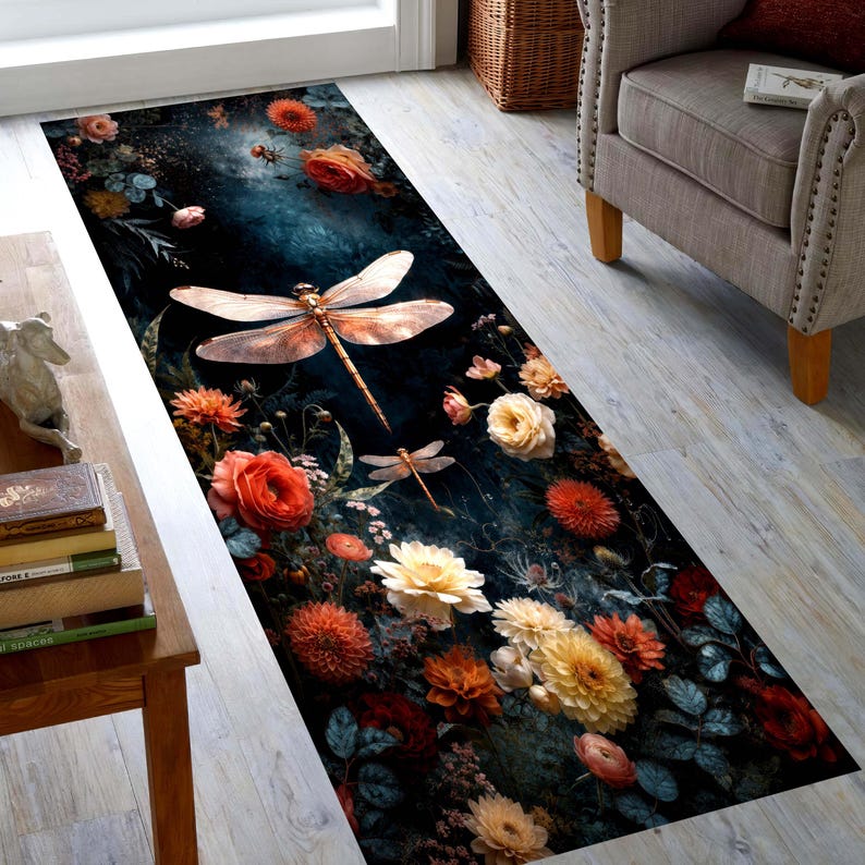 Dragonfly Floral Runner Rug: Moody Dark Botanical Carpet, Non-Slip Machine-Washable