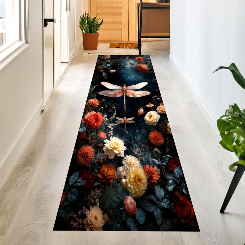 Dragonfly Floral Runner Rug: Moody Dark Botanical Carpet, Non-Slip Machine-Washable