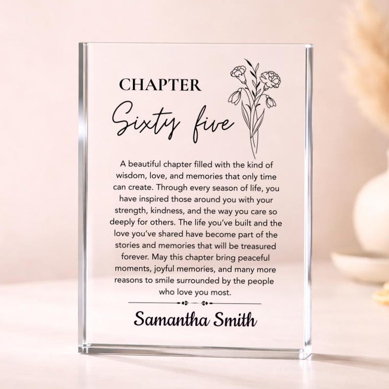65th Birthday Gift for Women, Birth Flower Gifts Personalized Acrylic Plaque, Custom Chapter 65 Birthday Keepsake for Mom Grandma Friend