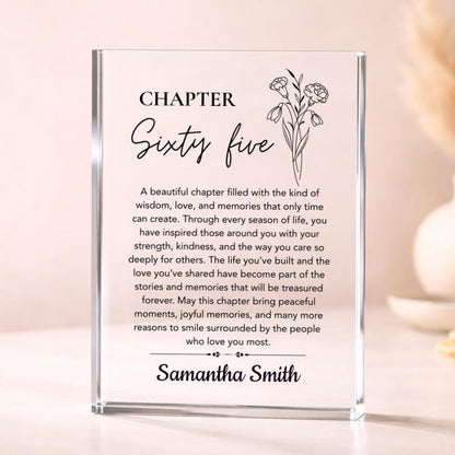 65th Birthday Gift for Women, Birth Flower Gifts Personalized Acrylic Plaque, Custom Chapter 65 Birthday Keepsake for Mom Grandma Friend