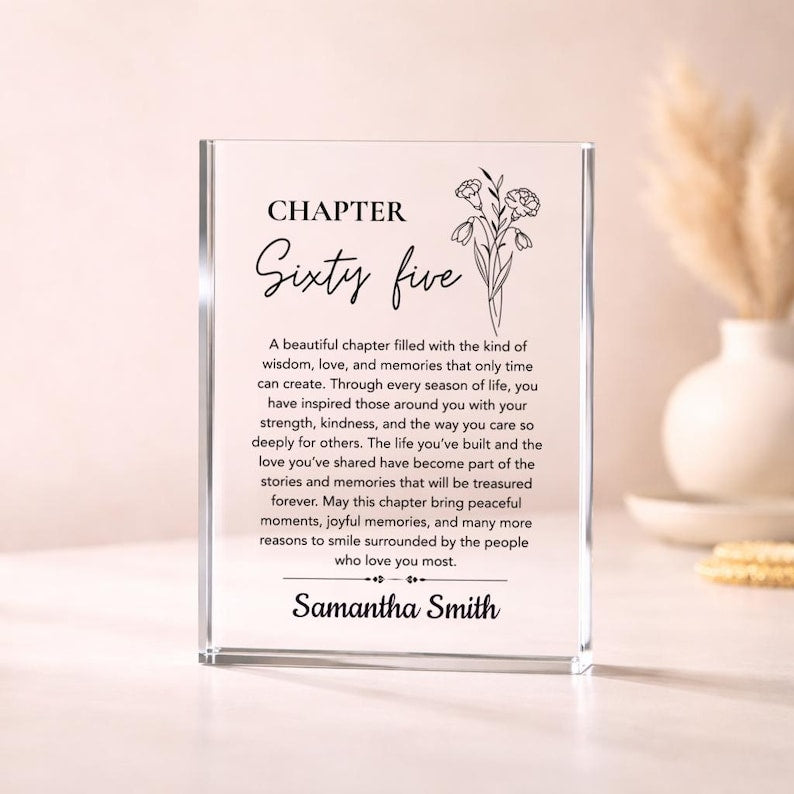 65th Birthday Gift for Women, Birth Flower Gifts Personalized Acrylic Plaque, Custom Chapter 65 Birthday Keepsake for Mom Grandma Friend