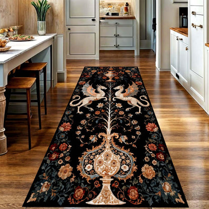 Twin Dragon Printed Runner Rug: Gothic Medieval Fantasy Floral Hallway Carpet, Non-Slip Machine-Washable