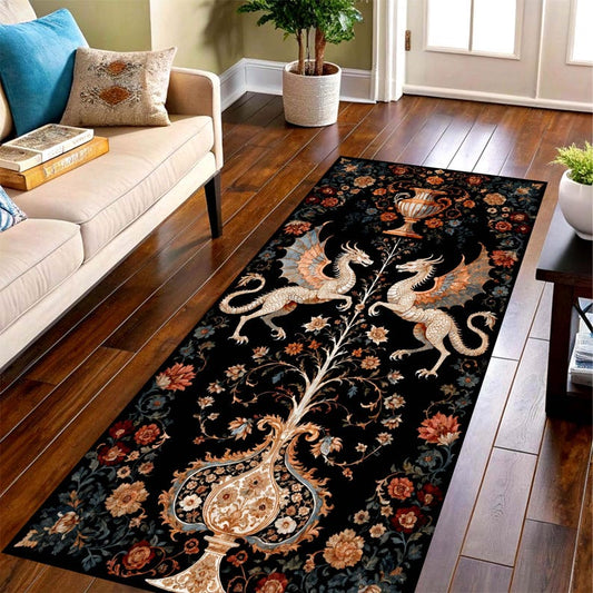 Twin Dragon Printed Runner Rug: Gothic Medieval Fantasy Floral Hallway Carpet, Non-Slip Machine-Washable