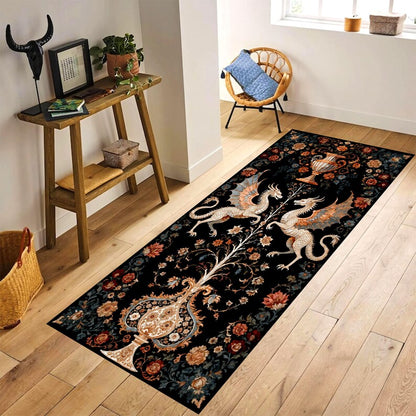 Twin Dragon Printed Runner Rug: Gothic Medieval Fantasy Floral Hallway Carpet, Non-Slip Machine-Washable