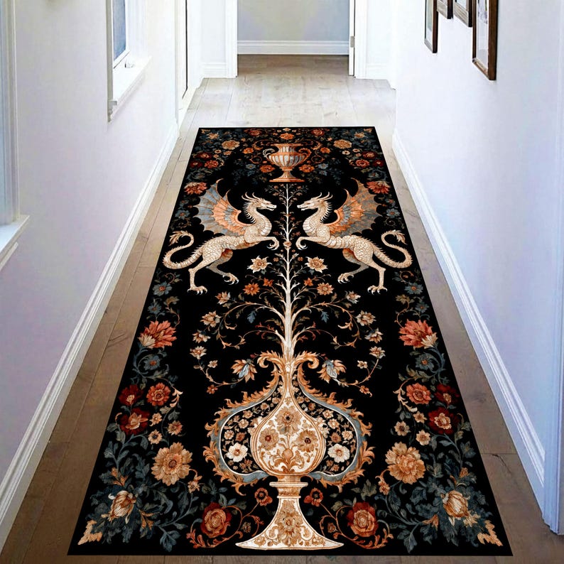 Twin Dragon Printed Runner Rug: Gothic Medieval Fantasy Floral Hallway Carpet, Non-Slip Machine-Washable