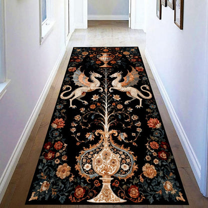 Twin Dragon Printed Runner Rug: Gothic Medieval Fantasy Floral Hallway Carpet, Non-Slip Machine-Washable