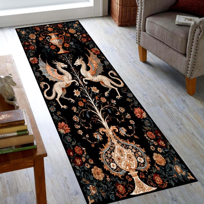 Twin Dragon Printed Runner Rug: Gothic Medieval Fantasy Floral Hallway Carpet, Non-Slip Machine-Washable