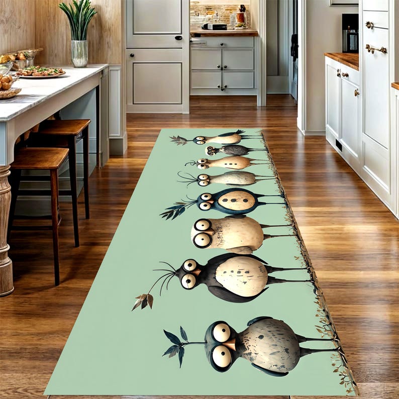 Whimsical Bird Runner Rug: Mint Green Quirky Owl Hallway Carpet, Non-Slip Machine-Washable