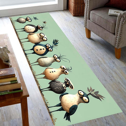 Whimsical Bird Runner Rug: Mint Green Quirky Owl Hallway Carpet, Non-Slip Machine-Washable
