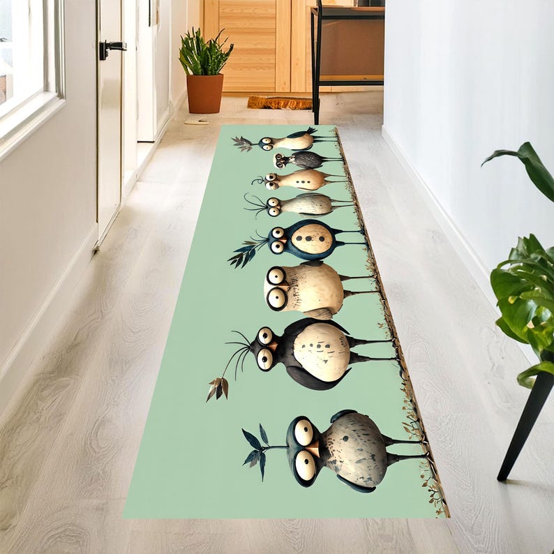 Whimsical Bird Runner Rug: Mint Green Quirky Owl Hallway Carpet, Non-Slip Machine-Washable