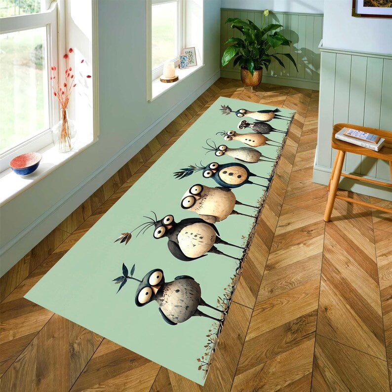 Whimsical Bird Runner Rug: Mint Green Quirky Owl Hallway Carpet, Non-Slip Machine-Washable