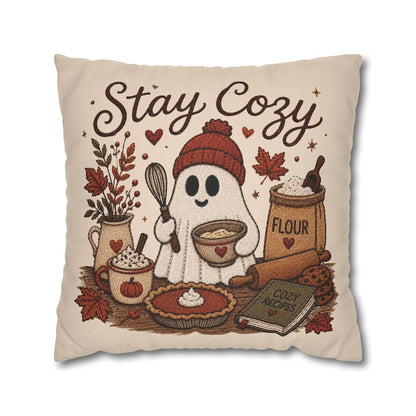 Stay Cosy Ghost Pillowcase | Beige Halloween Throw Pillowcase | Cute Spooky Fall Home Decor| Spooky season decor| Baking ghost pillowcase
