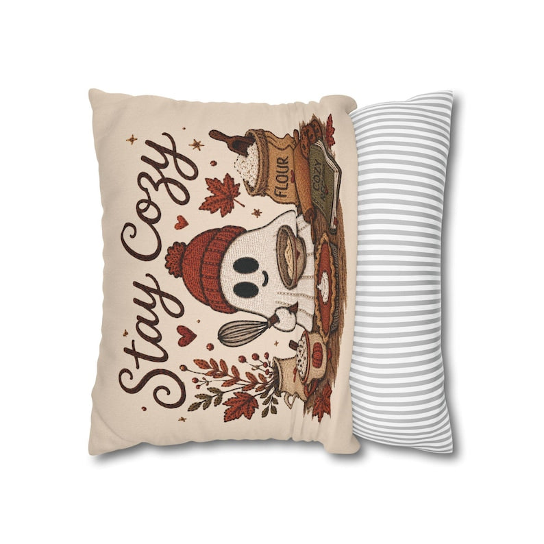 Stay Cosy Ghost Pillowcase | Beige Halloween Throw Pillowcase | Cute Spooky Fall Home Decor| Spooky season decor| Baking ghost pillowcase