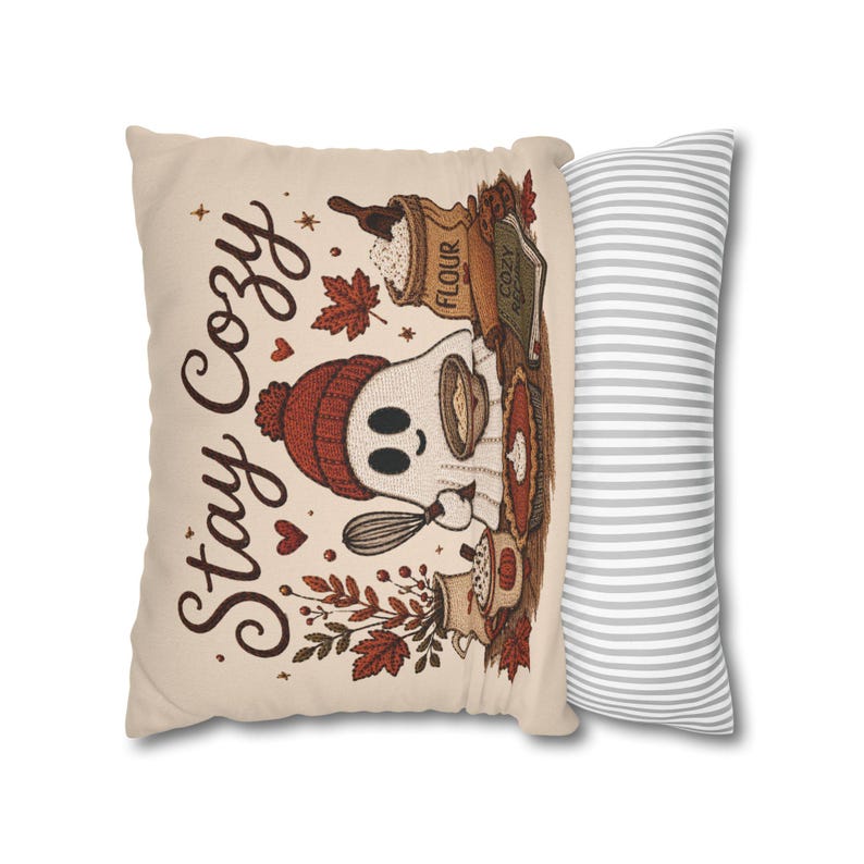 Stay Cosy Ghost Pillowcase | Beige Halloween Throw Pillowcase | Cute Spooky Fall Home Decor| Spooky season decor| Baking ghost pillowcase