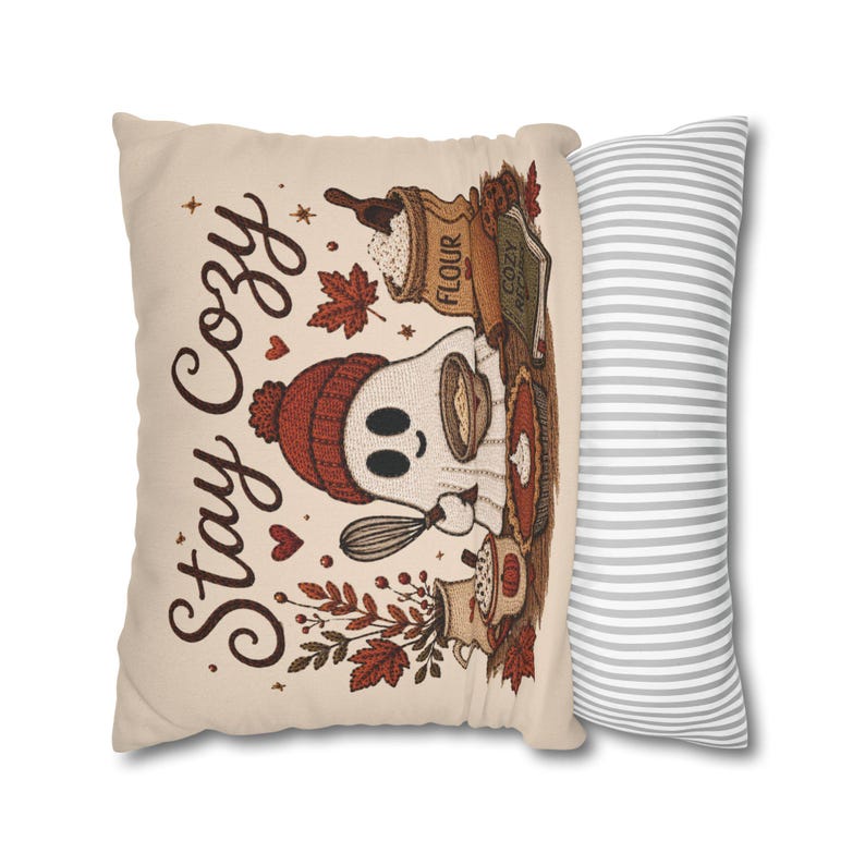 Stay Cosy Ghost Pillowcase | Beige Halloween Throw Pillowcase | Cute Spooky Fall Home Decor| Spooky season decor| Baking ghost pillowcase