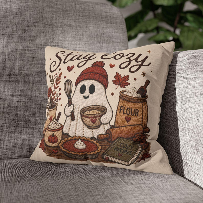 Stay Cosy Ghost Pillowcase | Beige Halloween Throw Pillowcase | Cute Spooky Fall Home Decor| Spooky season decor| Baking ghost pillowcase