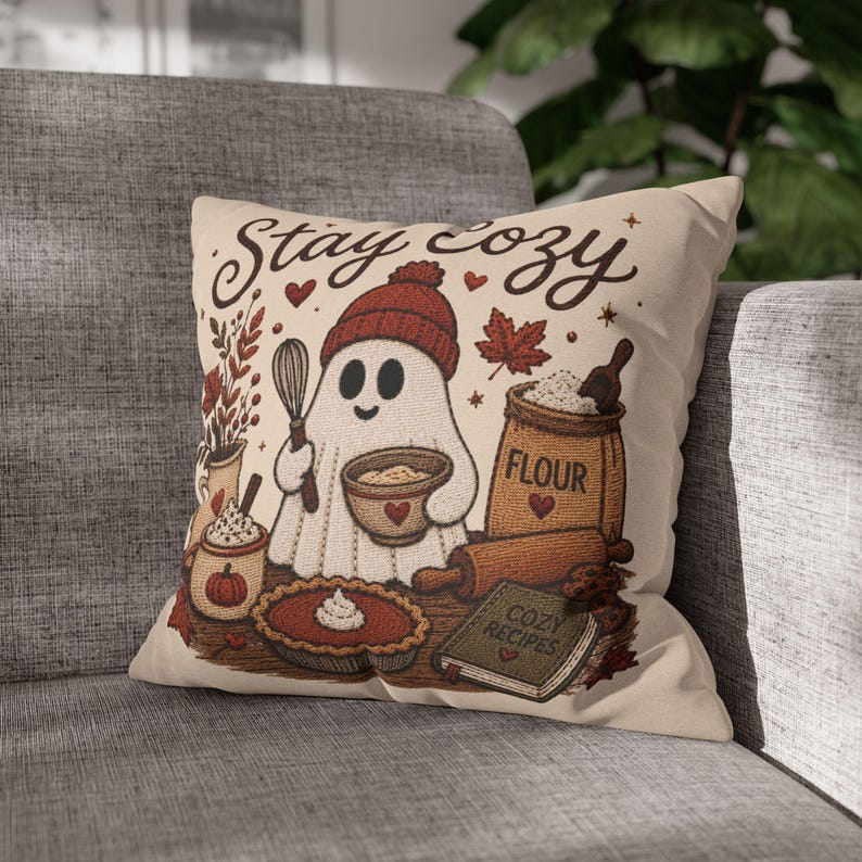 Stay Cosy Ghost Pillowcase | Beige Halloween Throw Pillowcase | Cute Spooky Fall Home Decor| Spooky season decor| Baking ghost pillowcase
