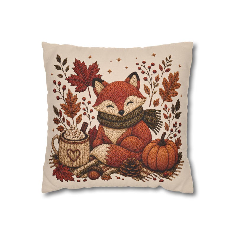 Cosy Fox Pillowcase | Beige Woodland Throw Pillowcase | Cute Autumn Farmhouse Home Decor| Fall pillow cover| Fall leaves and animal decor