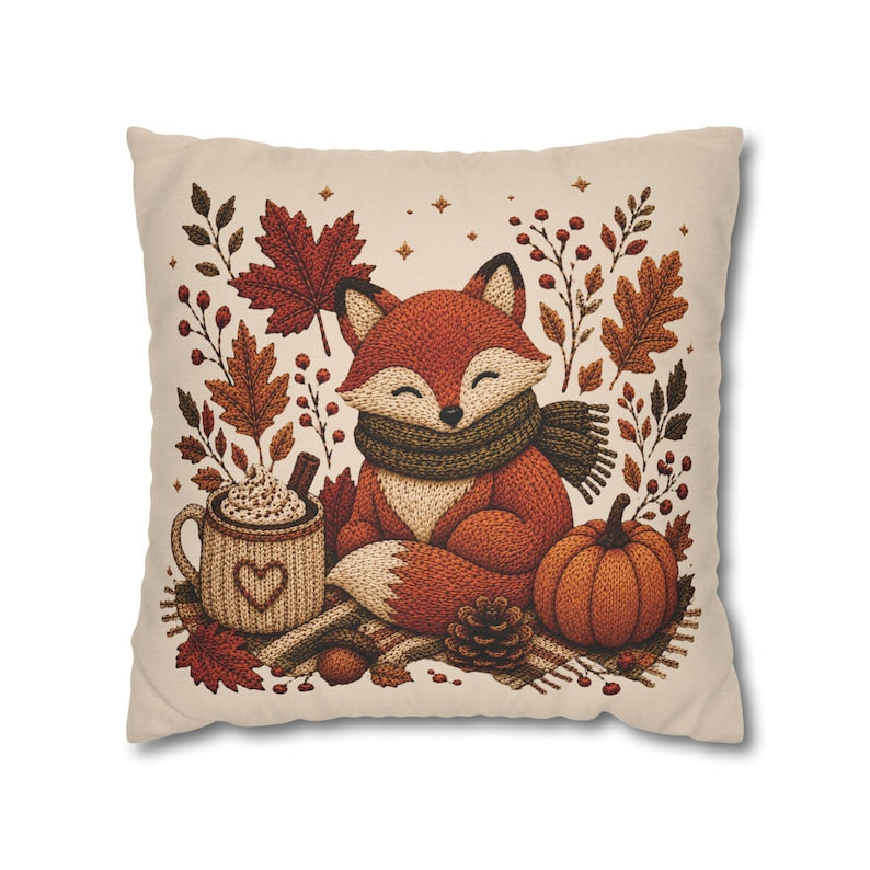 Cosy Fox Pillowcase | Beige Woodland Throw Pillowcase | Cute Autumn Farmhouse Home Decor| Fall pillow cover| Fall leaves and animal decor