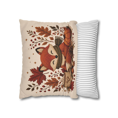 Cosy Fox Pillowcase | Beige Woodland Throw Pillowcase | Cute Autumn Farmhouse Home Decor| Fall pillow cover| Fall leaves and animal decor