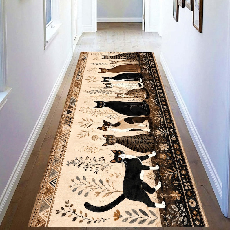 Whimsical Cat Runner Rug: Folk Art Feline Hallway Carpet, Non-Slip Machine-Washable