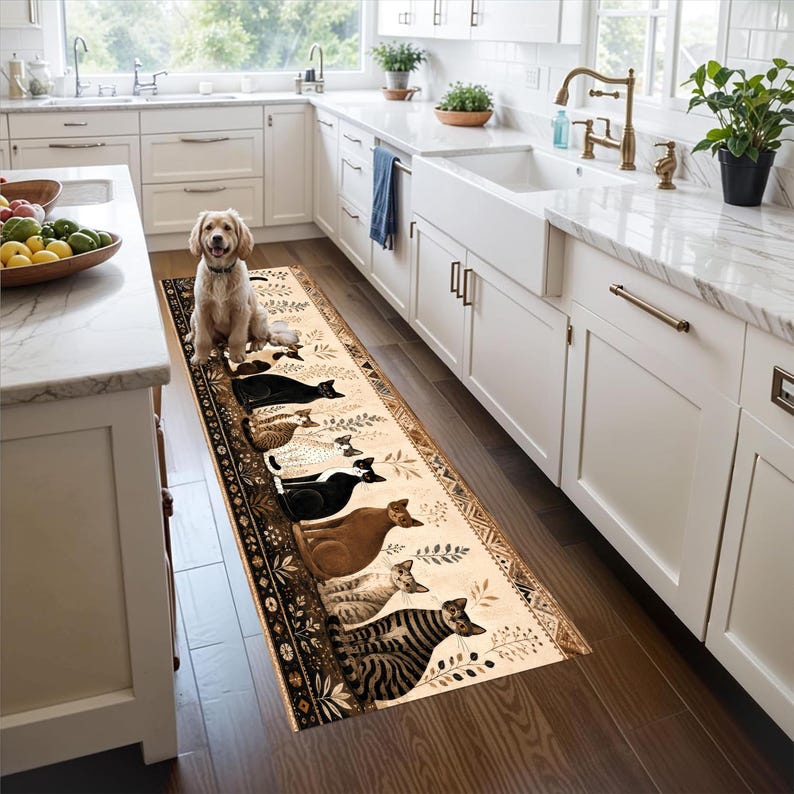 Whimsical Cat Runner Rug: Folk Art Feline Hallway Carpet, Non-Slip Machine-Washable